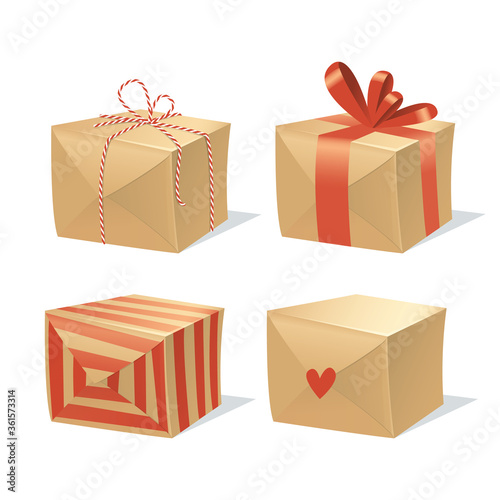 Set of four gift boxes with different decorations. Cartoon style vector graphic. Isolated on white.