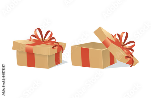 Opened and closed cardboard gift boxes with red ribbons. Cartoon style vector graphic. Isolated on white.