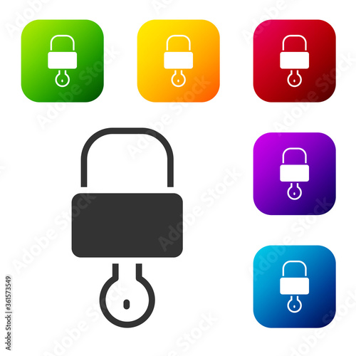 Black Lock and key icon isolated on white background. Padlock sign. Security, safety, protection, privacy concept. Set icons in color square buttons. Vector Illustration.