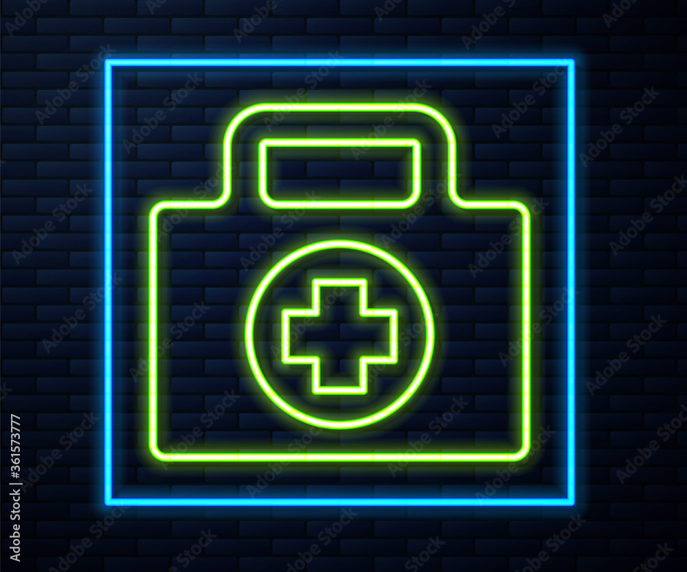 Glowing neon line First aid kit icon isolated on brick wall background. Medical box with cross. Medical equipment for emergency. Healthcare concept. Vector Illustration. Glowing neon line First aid kit icon isolated on brick wall background. Medical box with cross. Medical equipment for emergency. Healthcare concept. Vector Illustration.