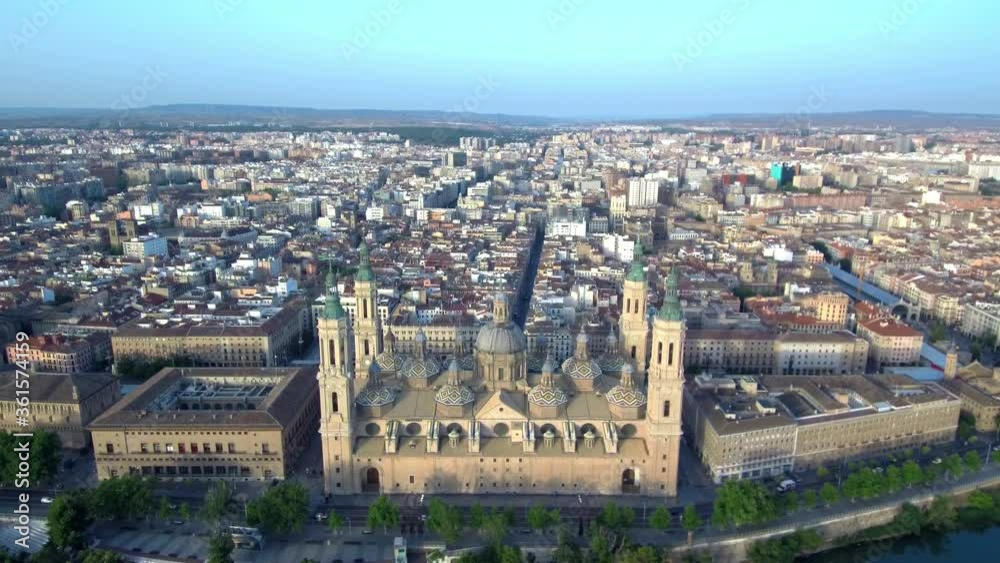 Aerial view of Zaragoza with the Basilica of the Pillar and Ebro River in Zaragoza. Drone Footage Aerial view of Zaragoza with the Basilica of the Pillar and Ebro River in Zaragoza. Drone Footage