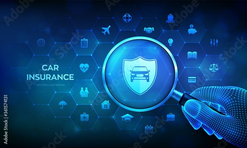 Car Insurance Concept with magnifier in hand. Car protection and safety assurance. Magnifying glass and infographic on virtual screen. Vector illustration.