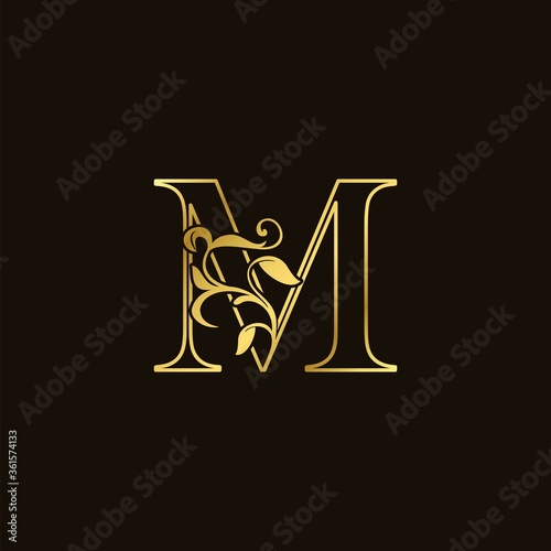 M Letter Golden Outline Initial Nature Tropical Leaf logo Icon vector design
