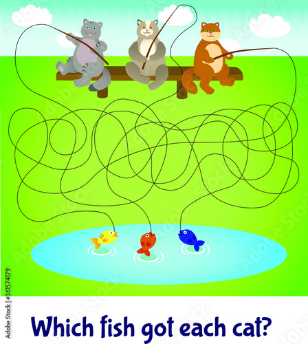 Maze for children, educational game. Cute fishing cats photo