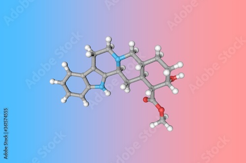 Molecular structure of yohimbine or quebrachine. Atoms are represented as spheres with color coding: carbon (grey), oxygen (red), nitrogen (blue), hydrogen (white). 3d illustration photo