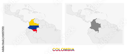 Two versions of the map of Colombia, with the flag of Colombia and highlighted in dark grey.