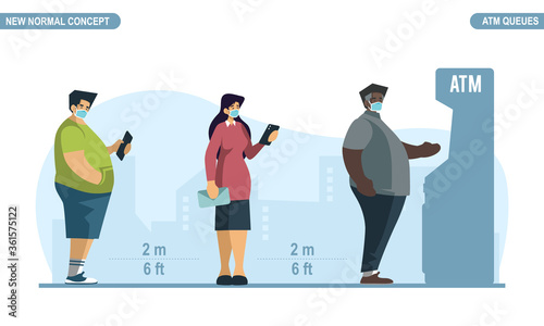 New normal social distancing concept. People wear medical mask and keep distance at atm queues to protect from COVID-19 Coronavirus. Scalable and editable flat style vector illustration.