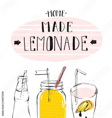 hand drawn vector abstract summer time illustration with lemonade detox glass jar bottle,lemon slice and handwritten modern calligraphy quote Home Made Lemonade isolated on white background.Sign,logo.
