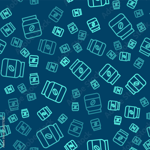 Green line Coffee jar bottle icon isolated seamless pattern on blue background. Vector Illustration.