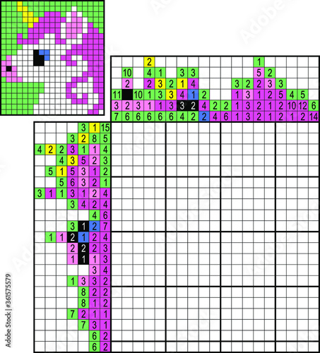 Japanese crossword. Colorful. Paint by number puzzle. Education game for children. Unicorn