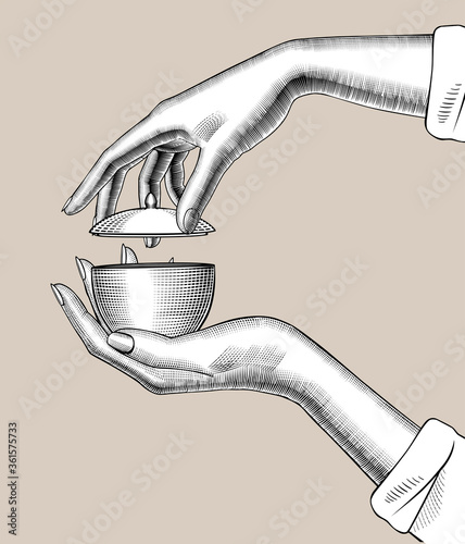 Engraved vintage drawing of female hands with a porcelain small bowl with lid