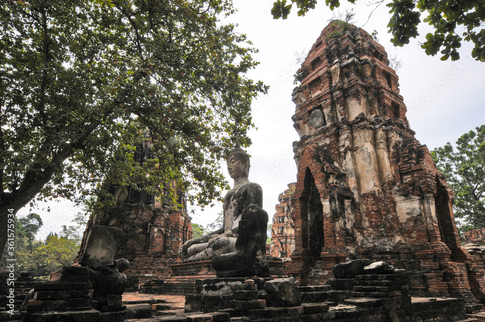 Vue sur les racines d'un arbre mokka, les feuilles vertes et les temples en briques rouges d' Ayuttaya, la ville sainte et ancienne capitale de la Thaïlande. Haut-lieu de tourisme pour le bouddhisme.