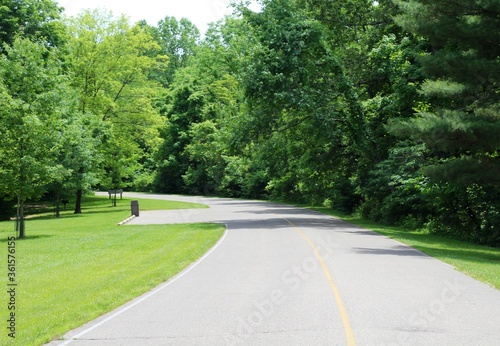 A view of the empty road in the country on a sunny day.