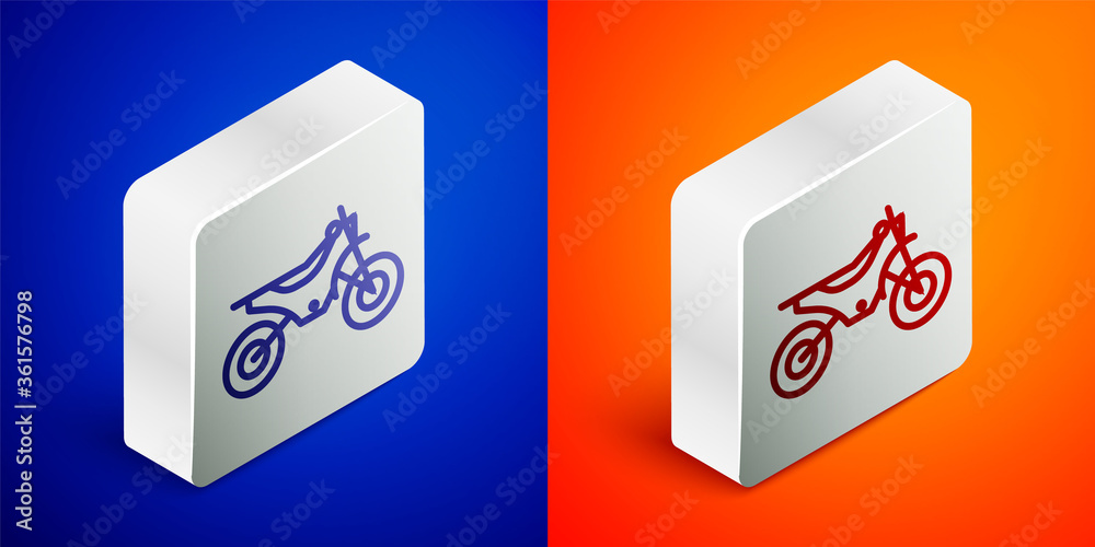 Isometric line Mountain bike icon isolated on blue and orange background. Silver square button. Vector Illustration.