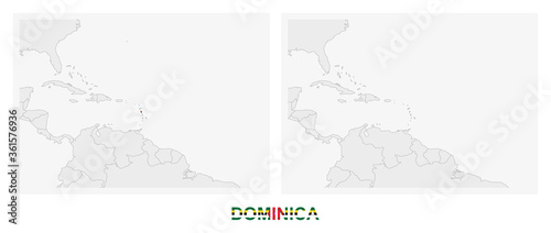 Two versions of the map of Dominica, with the flag of Dominica and highlighted in dark grey. photo