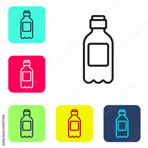 Black line Bottle of water icon isolated on white background. Soda aqua drink sign. Set icons in color square buttons. Vector Illustration.