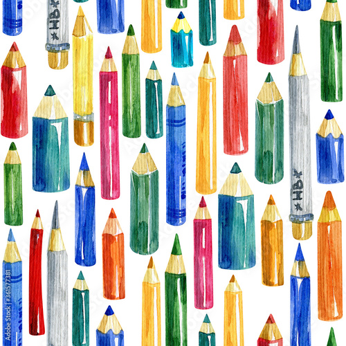Watercolor seamless pattern of multi colored pencils on white background.