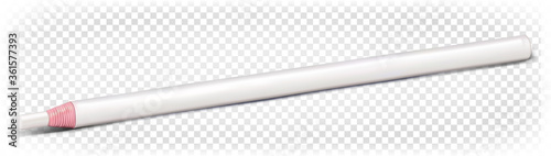 White pencil for fabric. Chalk in the form of a pencil. Stationery. Cosmetic eyeliner. Colored pencil lies on the surface. Empty mockup template. Vector 3d realistic illustration.