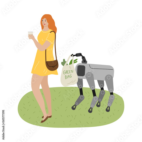 Robot dog carrying shopping bag with food and helping young woman