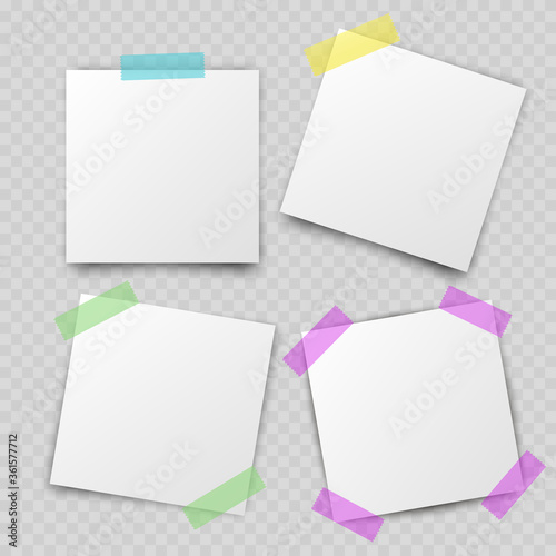 Note paper sticker set isolated on transparent background. Vector white office post, memo on sticky tapes with shadows