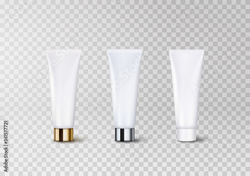 Tube packaging set with white plastic, glossy silver and gold cap isolated on transparent background. Vector clear cosmetic cream, gel or lotion package template