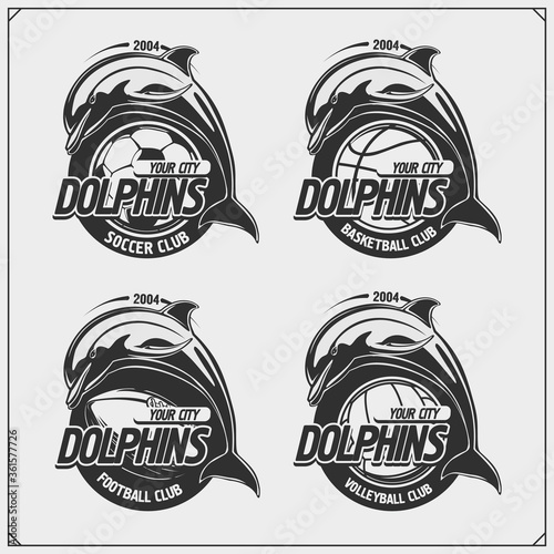 Volleyball, basketball, soccer and football logos and labels. Sport club emblems with dolphin.