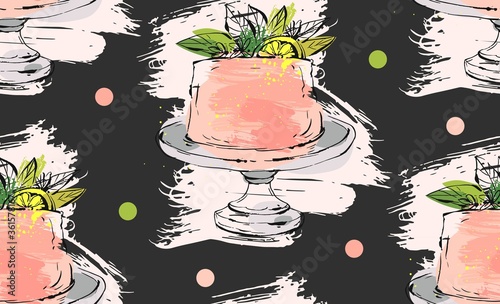 Hand drawn vector cute birthday or wedding seamless pattern with cake on stand illustration with lemon,leaves and polka dots isolated on black background.Wedding,birthday,save the date,decoration
