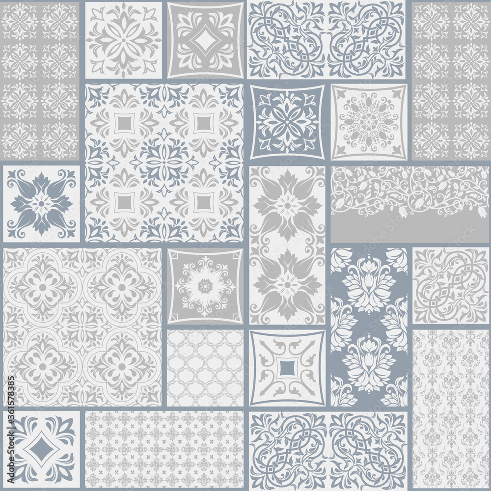 Seamless patchwork tile with Victorian motives. Azulejos. Original traditional Portuguese and Spain decor. Ceramic tile in talavera style. Gaudi mosaic. Vector