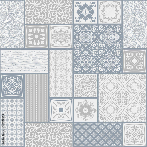 Seamless patchwork tile with Victorian motives. Azulejos. Original traditional Portuguese and Spain decor. Ceramic tile in talavera style. Gaudi mosaic. Vector