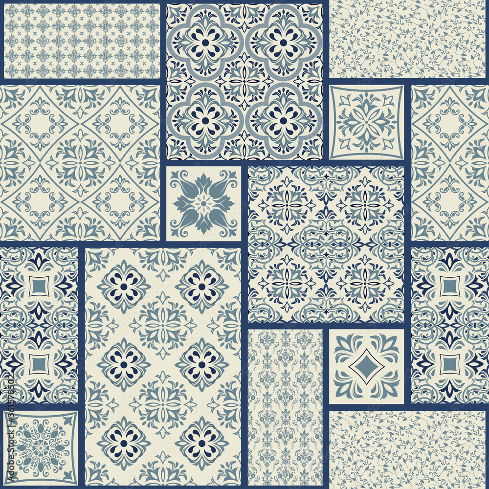 Vintage seamless pattern in Portugal style. Azulejo. Seamless patchwork tile in blue and white colors. Endless pattern can be used for ceramic tile, wallpaper, linoleum, textile, web page background - obrazy, fototapety, plakaty 