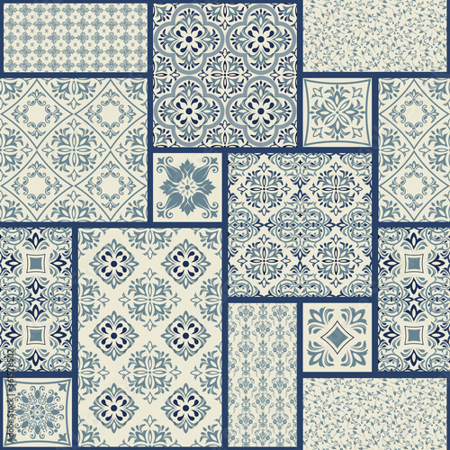 Vintage seamless pattern in Portugal style. Azulejo. Seamless patchwork tile in blue and white colors. Endless pattern can be used for ceramic tile, wallpaper, linoleum, textile, web page background