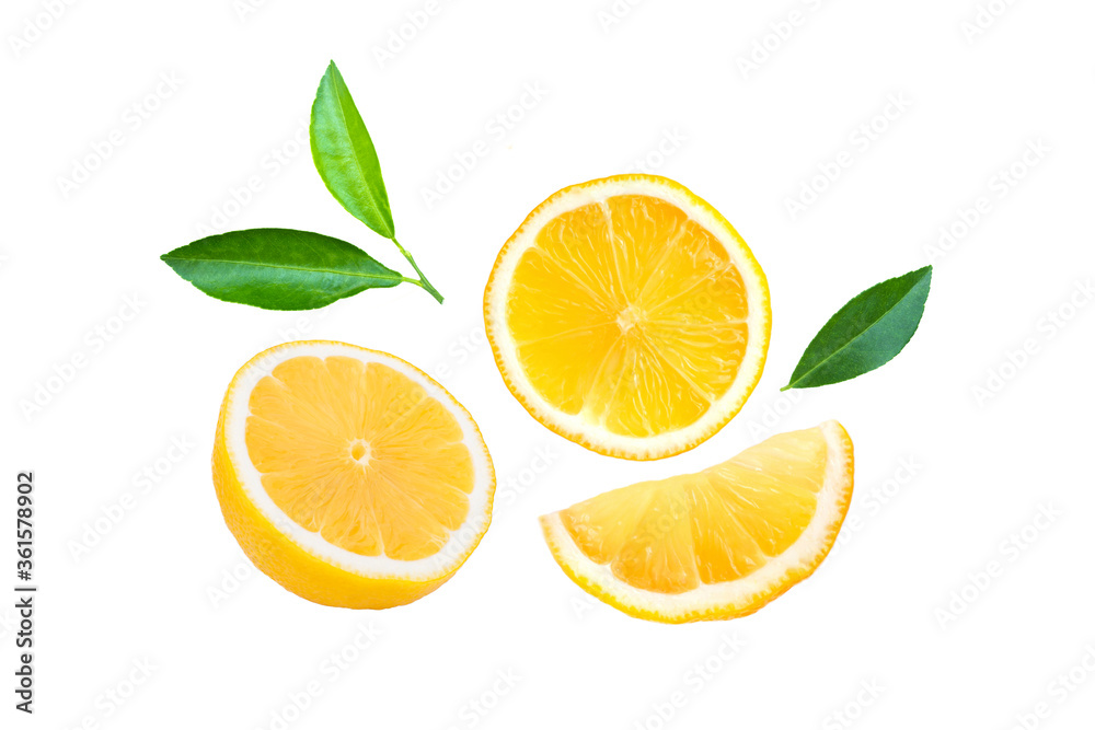 Closeup slice of ripe fresh orange fruit with green leaf isolated on white background. Top view. Flat lay. Closeup slice of ripe fresh orange fruit with green leaf isolated on white background. Top view. Flat lay.