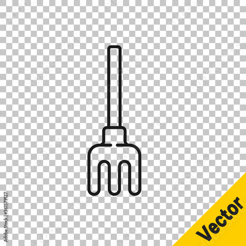 Black line Garden rake icon isolated on transparent background. Tool for horticulture, agriculture, farming. Ground cultivator. Vector Illustration.
