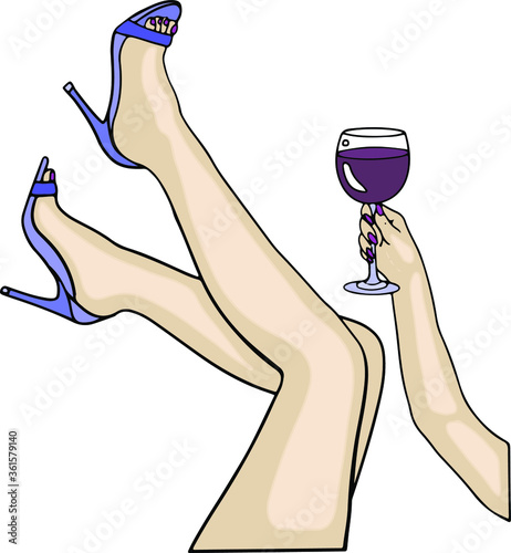 Vector hand drawn girl's legs in blue heels and hand with glass with wine. Trendy design isolated on white background. Design for card, invitation. Wine. Shoes. Fashion illustration.