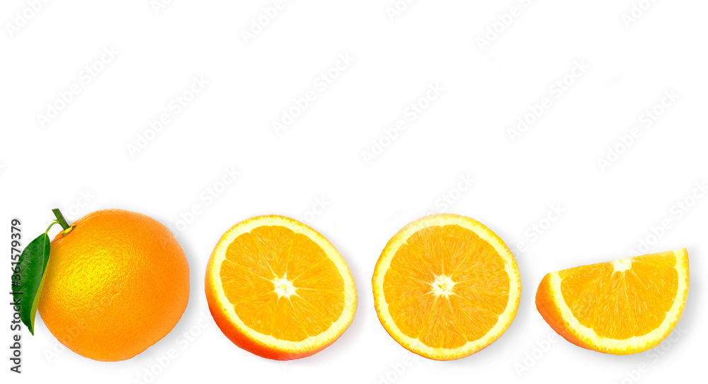 Orange fruit with slice isolated on white background. Orange fruit with slice isolated on white background.