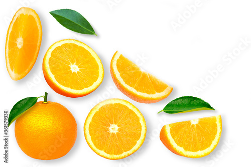 Closeup whole and half slice of ripe fresh organic orange fruit with green leaf isolated on white background. Top view. Flat lay.