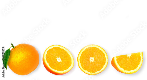 Orange fruit with slice isolated on white background.