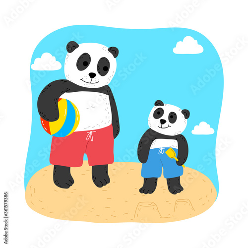 Baby panda enjoying playing ball with father on beach