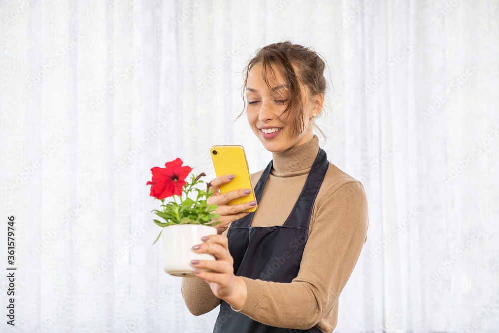 Attractive positive joyful girl taking pictures of flower in pot after planting. Home gardening Hobby. Spring planting of flowers in pots for home decoration. Floriculture works Attractive positive joyful girl taking pictures of flower in pot after planting. Home gardening Hobby. Spring planting of flowers in pots for home decoration. Floriculture works