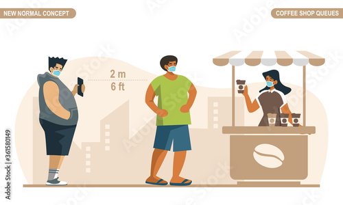 New normal physical distancing concept. People wear medical mask and keep distance at coffee shop queues to protect from COVID-19 Coronavirus. Scalable and editable flat style vector illustration.