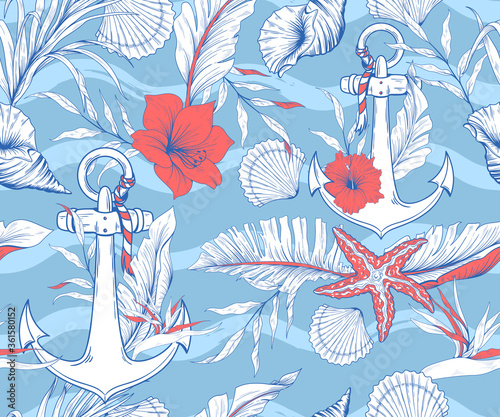 Nautical seamless pattern with anchors, shells and tropical flowers