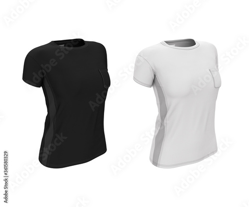 3d realistic illustration of a women's t-shirt with a pocket in white and black color. Blank empty template, mock up sportswear for design, logo, branding isolated on white background.