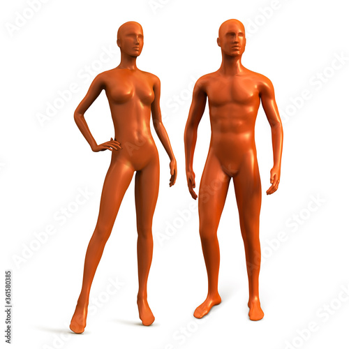 Male and female standing plastic mannequin. Bronze slender tanned body. Summer decoration for shop windows. Vector 3d realistic illustration isolated on white background.