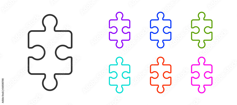 Naklejka premium Black line Piece of puzzle icon isolated on white background. Business, marketing, finance, layout, infographics, internet concept. Set icons colorful. Vector Illustration.