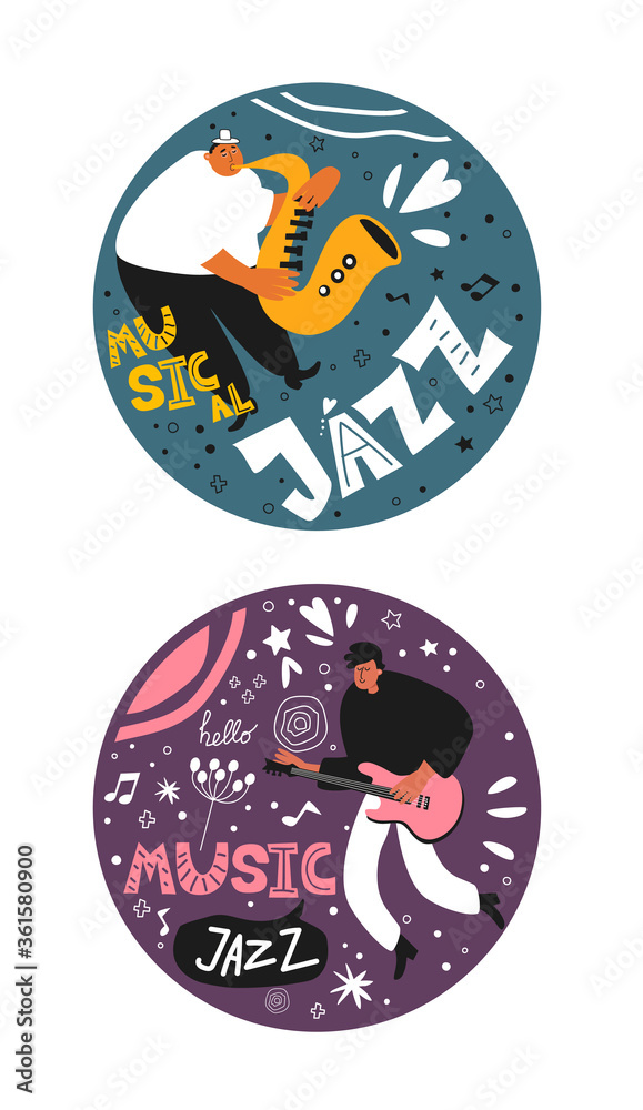 Music set of a jazz orchestra. Musicians play jazz instruments. Stylish jazz lettering. Vector music logos for printing products Music set of a jazz orchestra. Musicians play jazz instruments. Stylish jazz lettering. Vector music logos for printing products