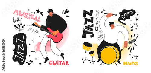 Set of jazz musicians drummer and guitarist in the style of a comic book. Jazz instruments drums, guitar. The phrase jazz. Vector music illustrations