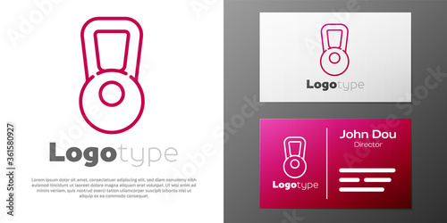 Logotype line Kettlebell icon isolated on white background. Sport equipment. Logo design template element. Vector Illustration.