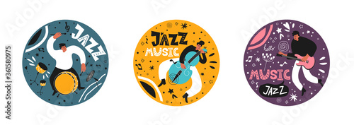 Music set of a jazz orchestra. Musicians play jazz instruments. Stylish jazz lettering. Vector music logos for printing products