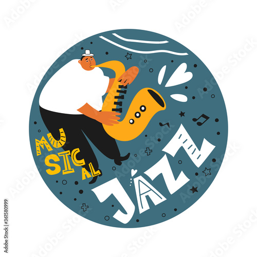 Jazz musician and saxophonist. Performance of a melody on a saxophone. Music poster for a jazz festival or concert