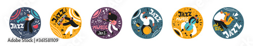 A set of jazz comics by musicians. Trumpeter, saxophonist, drummer, guitar player, double bass player, pianist for orchestra. Vector musical instruments. Illustrations in the style of comics